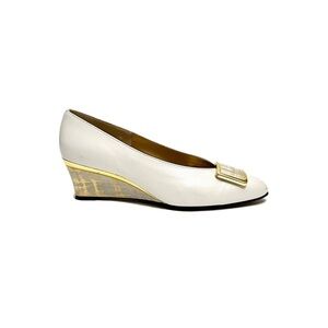 Vintage 1970s ivory leather painted gold oversize buckle slip on wedge heels